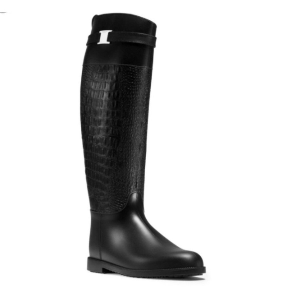 Michael Kors Collection Miranda Tall Black Croc Embossed Rain BootsSize 6.5EU 37